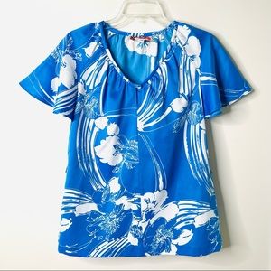 Vintage 70s Nani of Hawaii Hibiscus Waves Floral Print Angel Sleeve Hawaiian Top